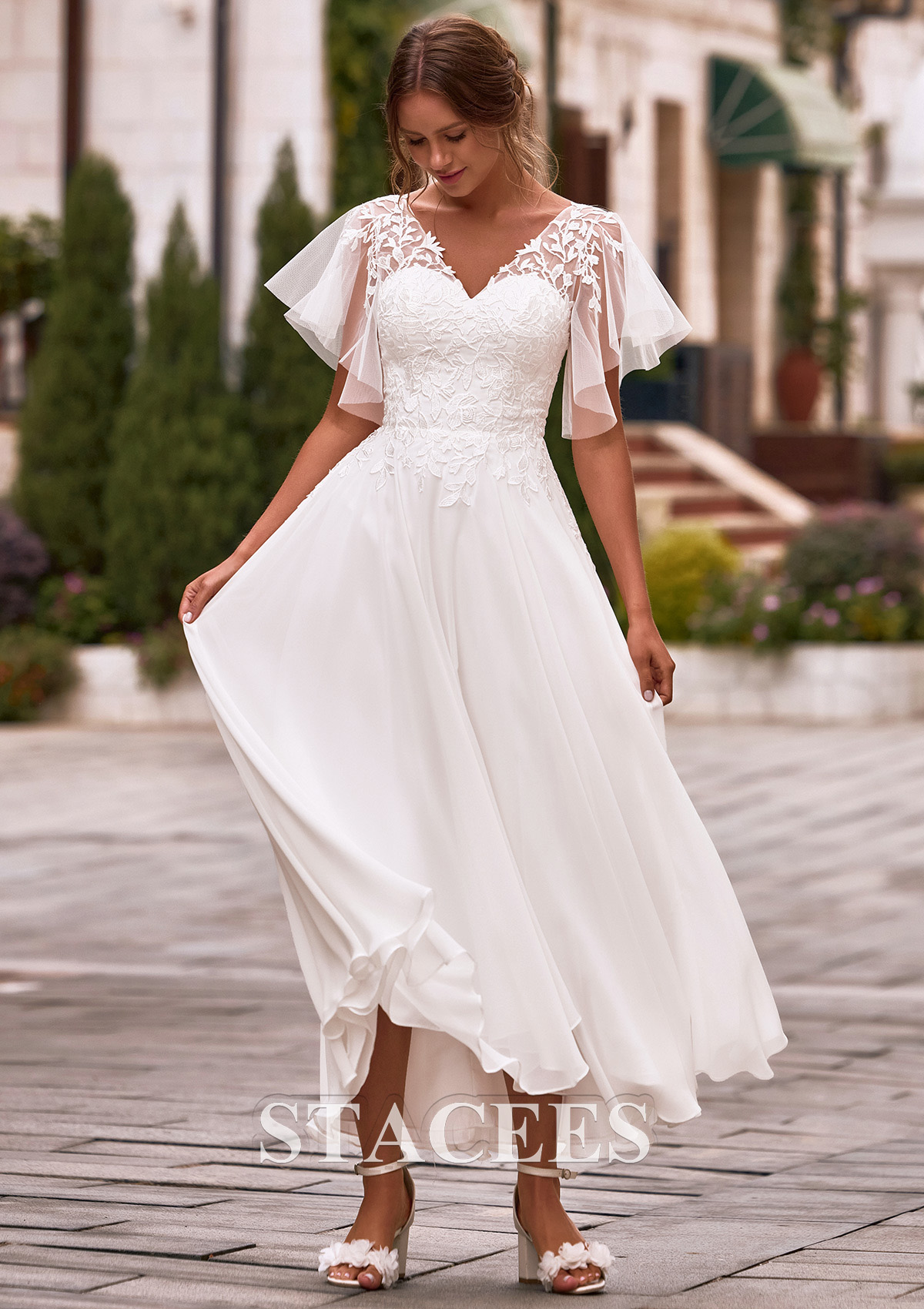 lace dress chiffon A-line V Neck Chiffon Tea-Length Wedding Dress with Lace S3191W - Wedding  Dresses