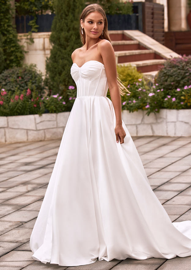 women's a line wedding dresses Stacees 2026 A-line Sweetheart Satin Chapel Train Wedding Dress with Pockets Split