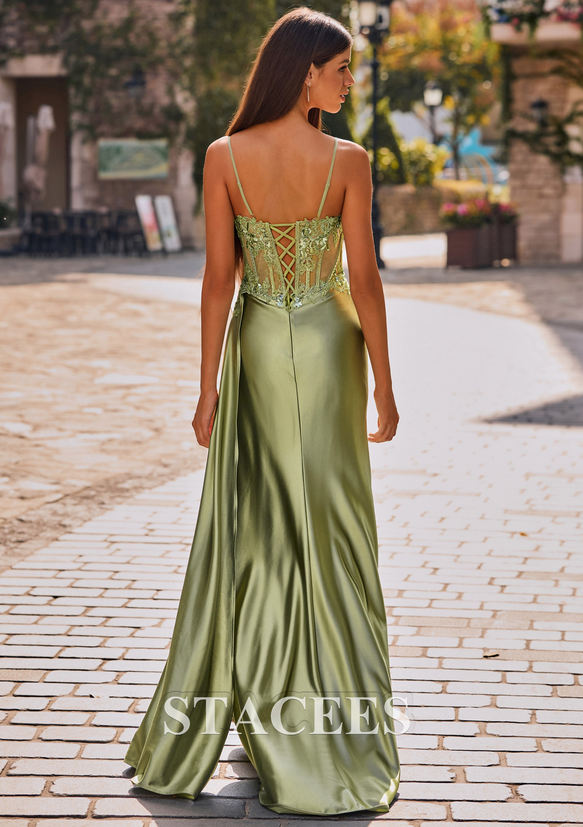 side draped gold satin long prom dress with slit Stacees 2026 Fitted Prom Dress with Beaded Sheer Corset Slit Side Draping Ships in 48hrs