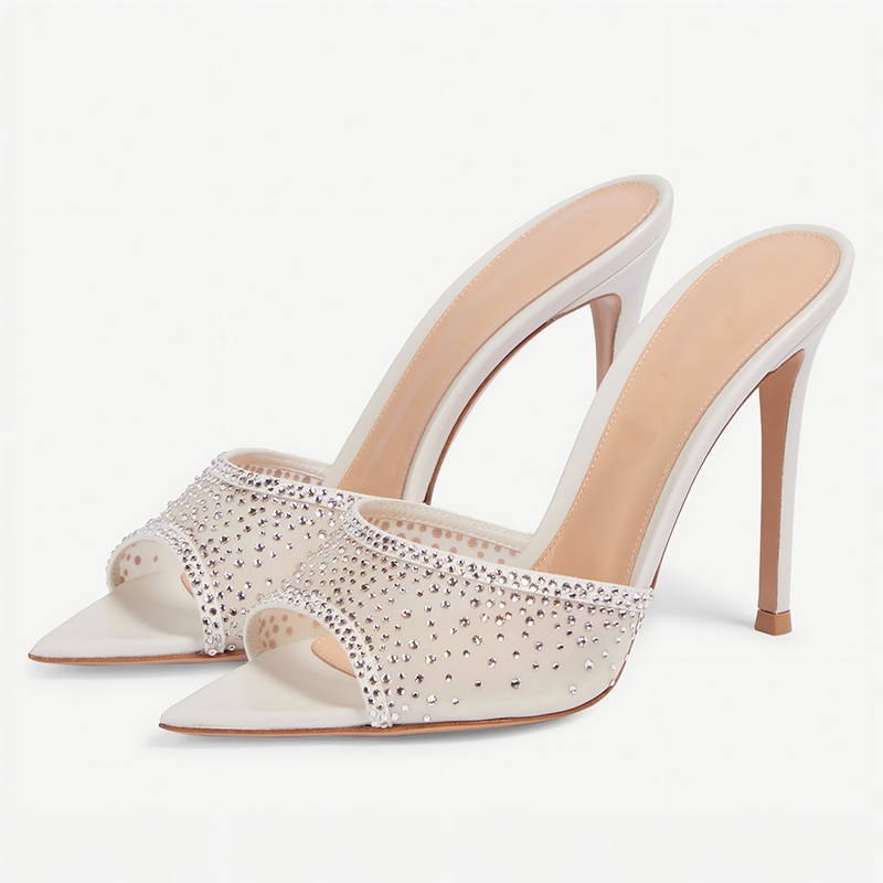 White Pointed Toe Heels Mesh Leatherette Rhinestone Women's Party Special Occasion Shoes - STACEES