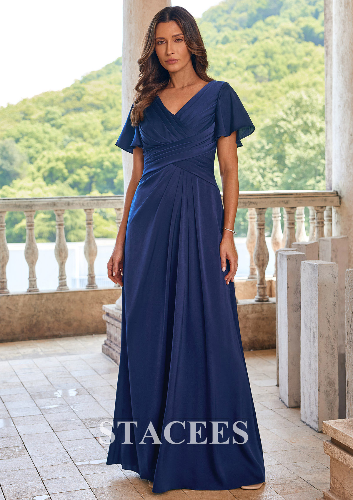 a line dress mother of the bride V-Neck A-Line Ruched Satin Mother of The Bride Dresses