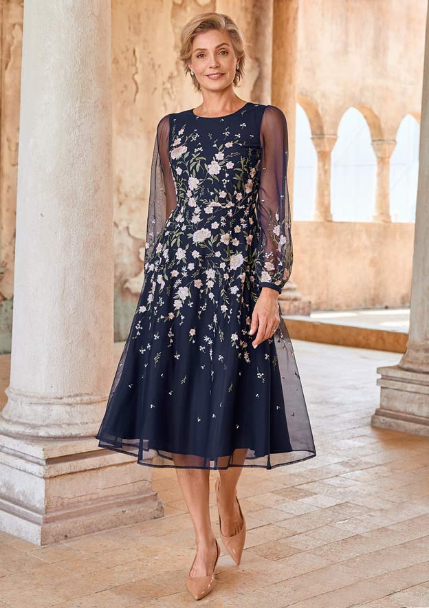A-line Floral Embroidered Tea-Length Mother of the Bride Dress with Sheer Long Sleeves S5076M - Mother of the Bride Dresses