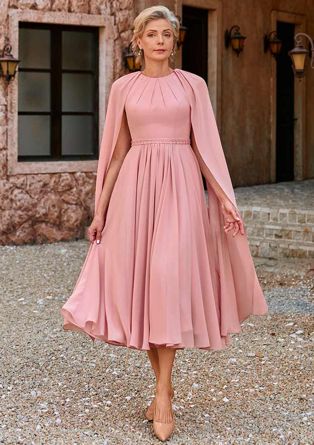 pink chiffon tea length dress A-line Tea Length Chiffon Mother of the Bride Dress with Cape Sleeves and  Beaded Waist