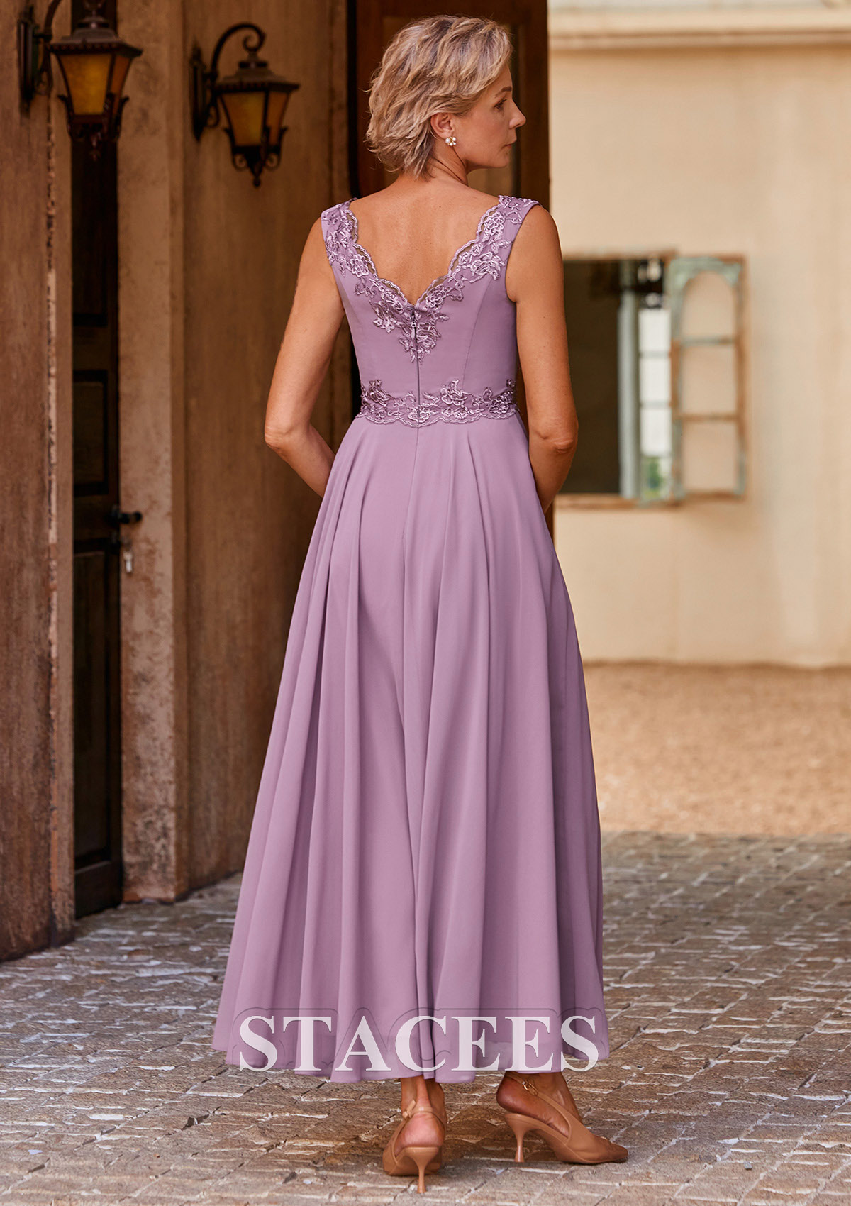 chiffon ankle length dress A-line V Neck Chiffon Ankle-Length Mother of the Bride Dress with Lace  Applique Jacket S5041M - Mother of the Bride Dresses