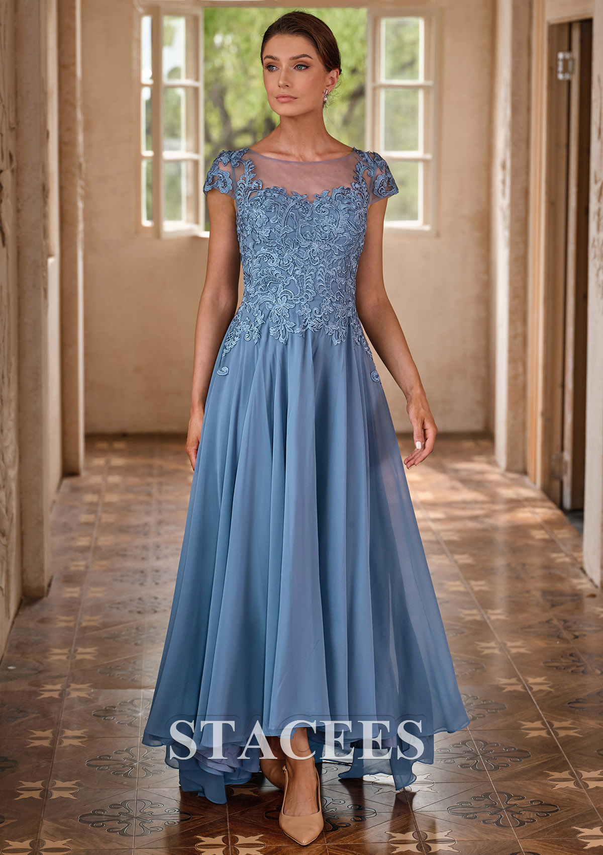 mother of the bride dresses lace cap sleeves Long Cap Sleeve Mother of the Bride Dress
