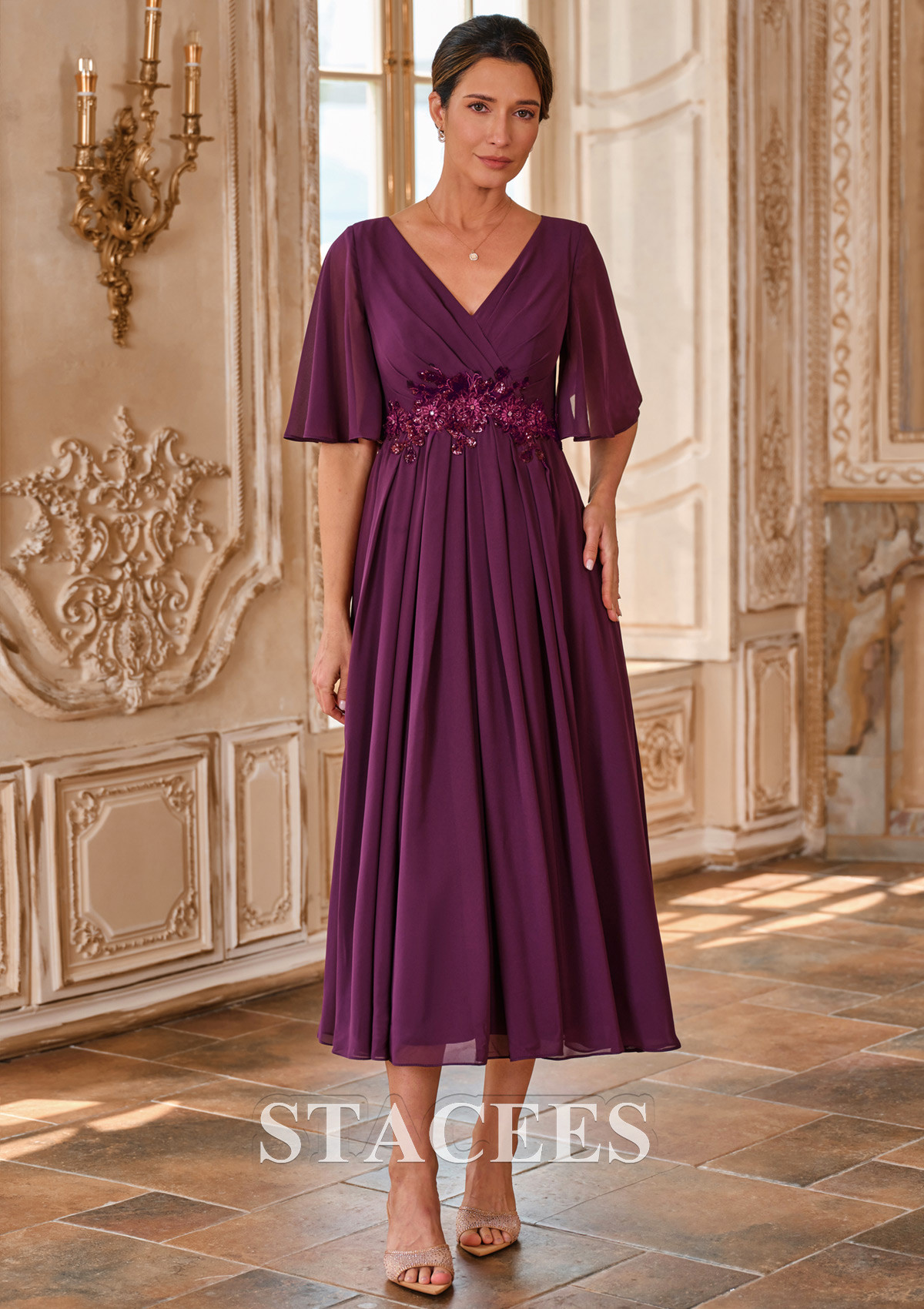 a line empire waist chiffon dress Ever-Pretty Shop Plus Size Chiffon Puff Sleeve Empire Waist Brides Mom Dress