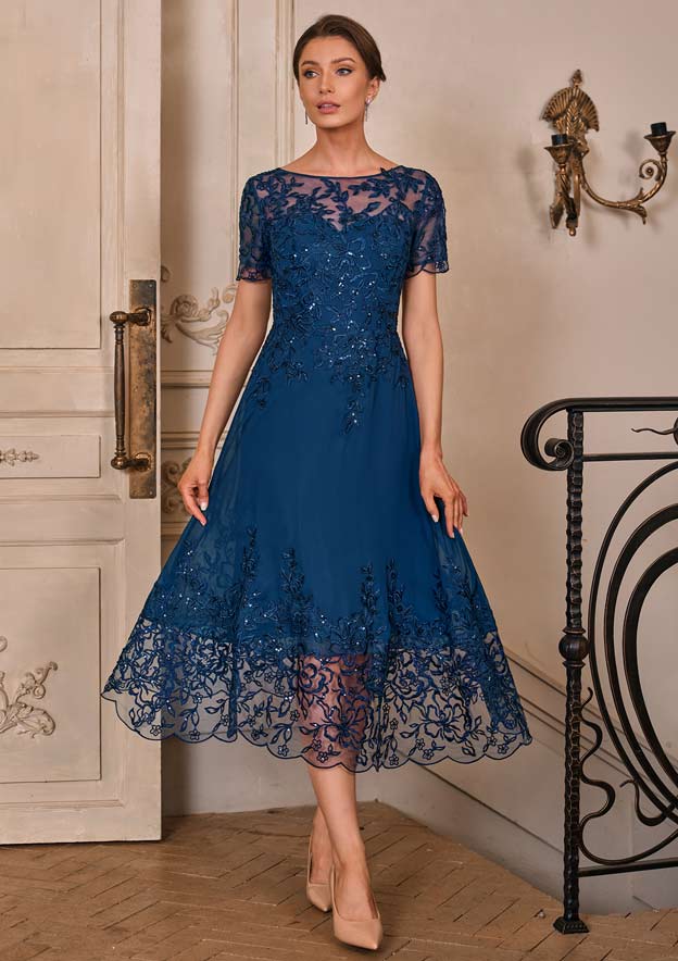 tea length navy blue mother of the bride dress Jovani 39427 A Line Short Mother of the Bride Lace Tea Length Dress