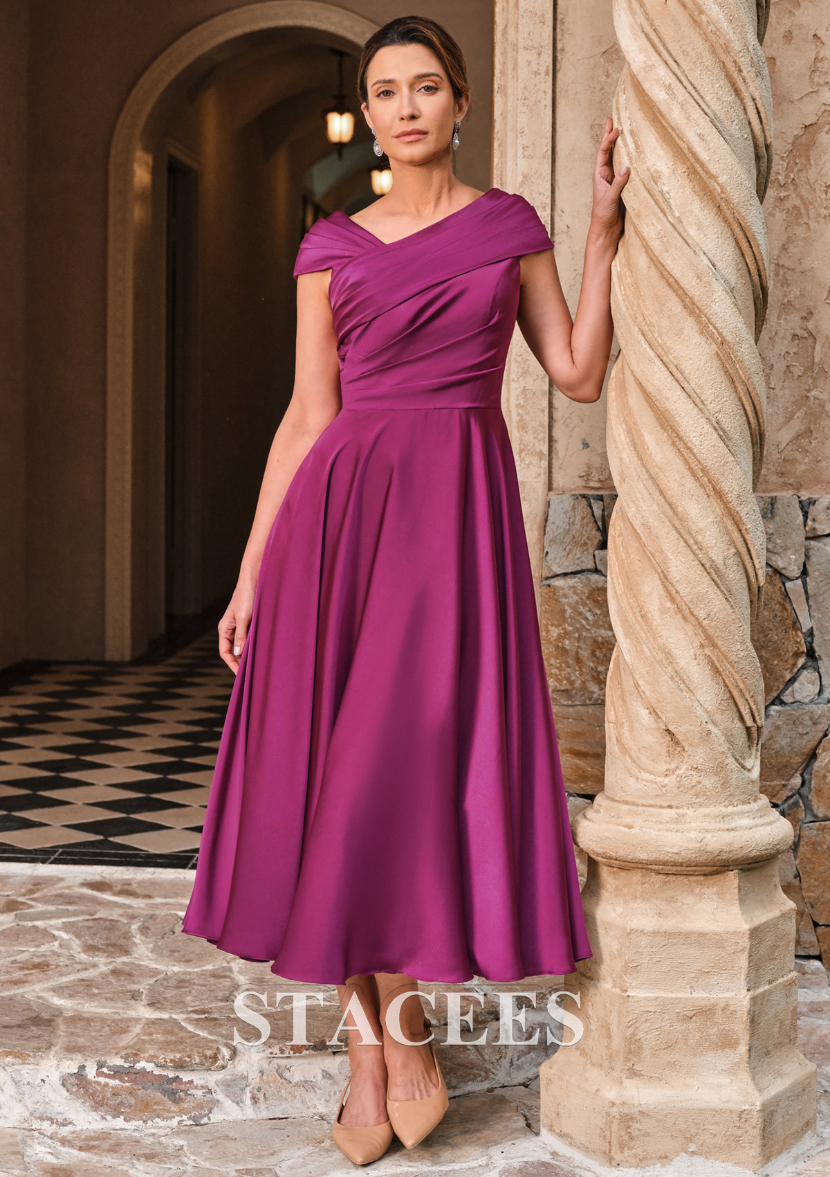 ruched mother of the bride dress A-line Tea-Length Stretch Satin Mother of the Bride Dress with Ruched Cap  Straps S5045M - Mother of the Bride Dresses