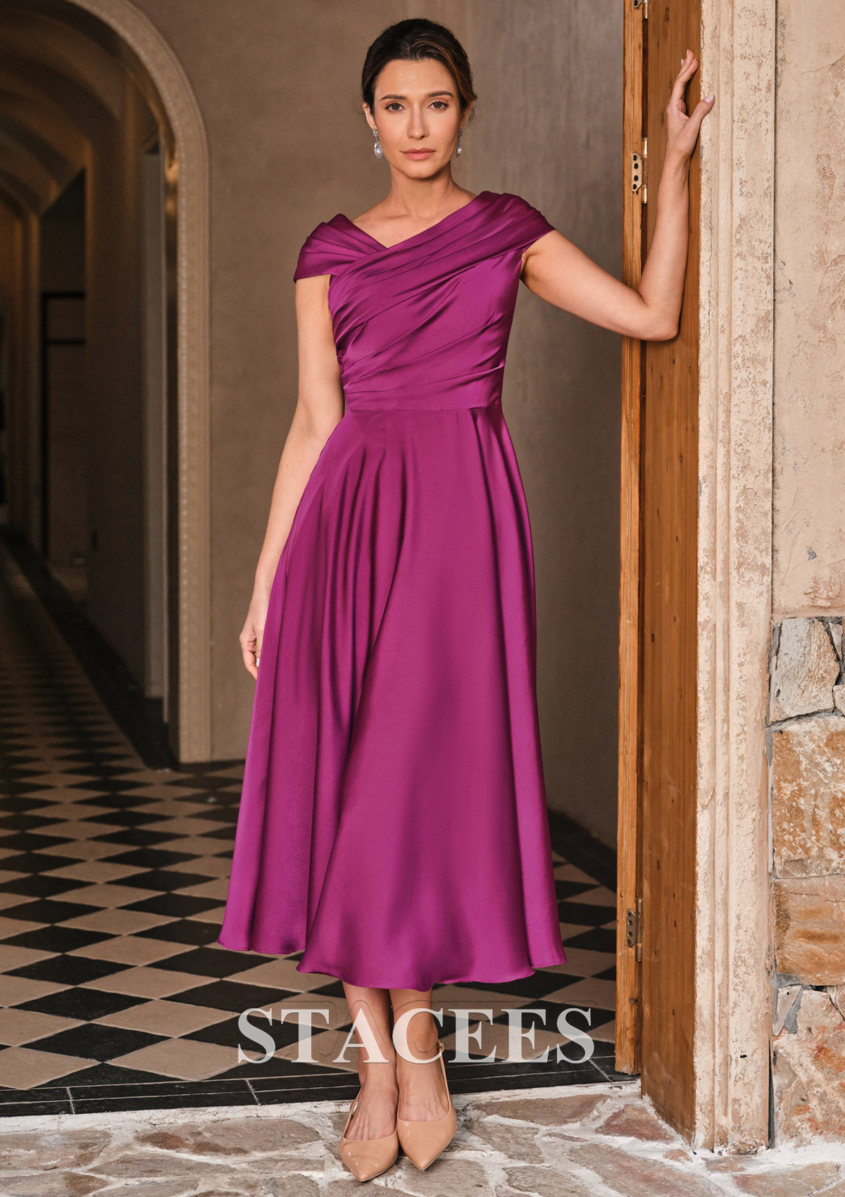 pink satin mother of the bride dresses A-Line Tea Length Satin Mother of the Bride Dresses COCOMELODY CM0344, Hot Fuchsia