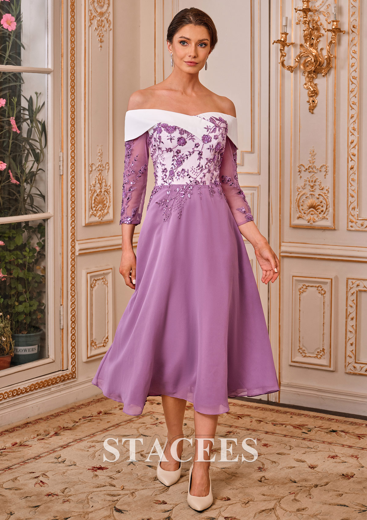 purple mother of the bride dresses tea length Saylor Knee Short Mother Of The Bride Dresses length mother of the bride dress offers a polished look for weddings and formal family events A-line V-Neck Tea-Length Chiffon Mother