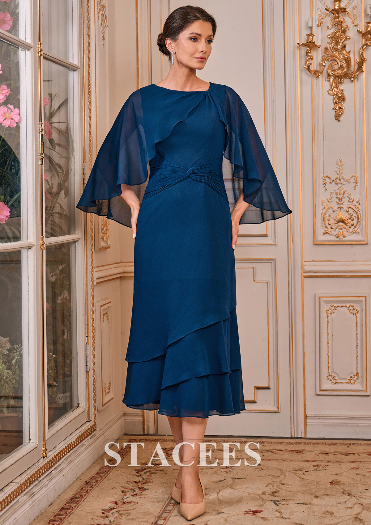cape sleeve formal dress Tight Prom Dress with Long Cape Sleeves