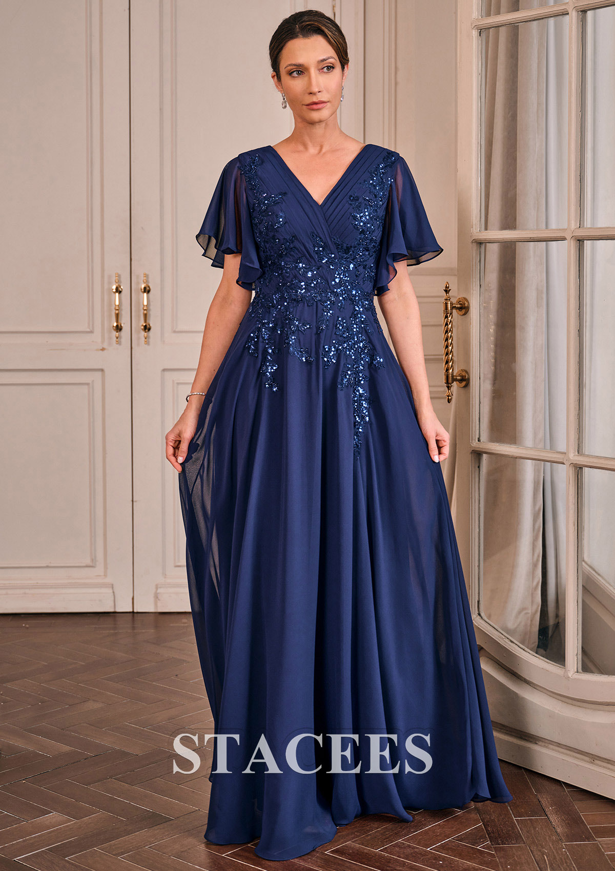 a-line v-neck floor-length chiffon evening dress with sequins A-line V Neck Chiffon Floor-Length Mother of the Bride Dress with Appliqued  Beading Pleated Sequins S5033M - Mother of the Bride Dresses