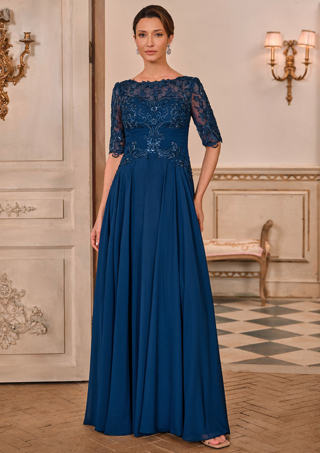 half sleeve mother of the bride dresses long A-line Chiffon Floor-Length Mother of the Bride Dress with Embroidered Lace  and Half Sleeves S5096M - Mother of the Bride Dresses