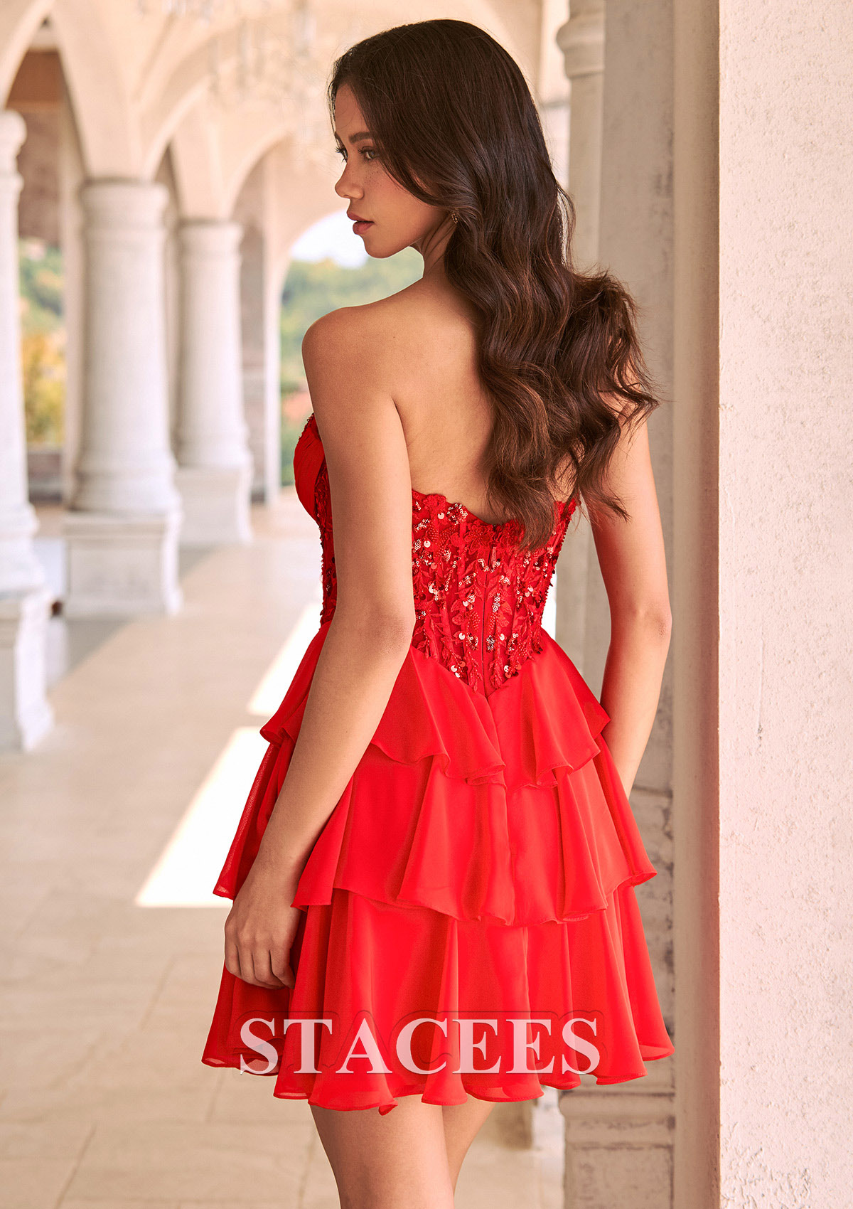 Red A-line Strapless Ruffle Chiffon Mini Homecoming Dress with Beaded Corset