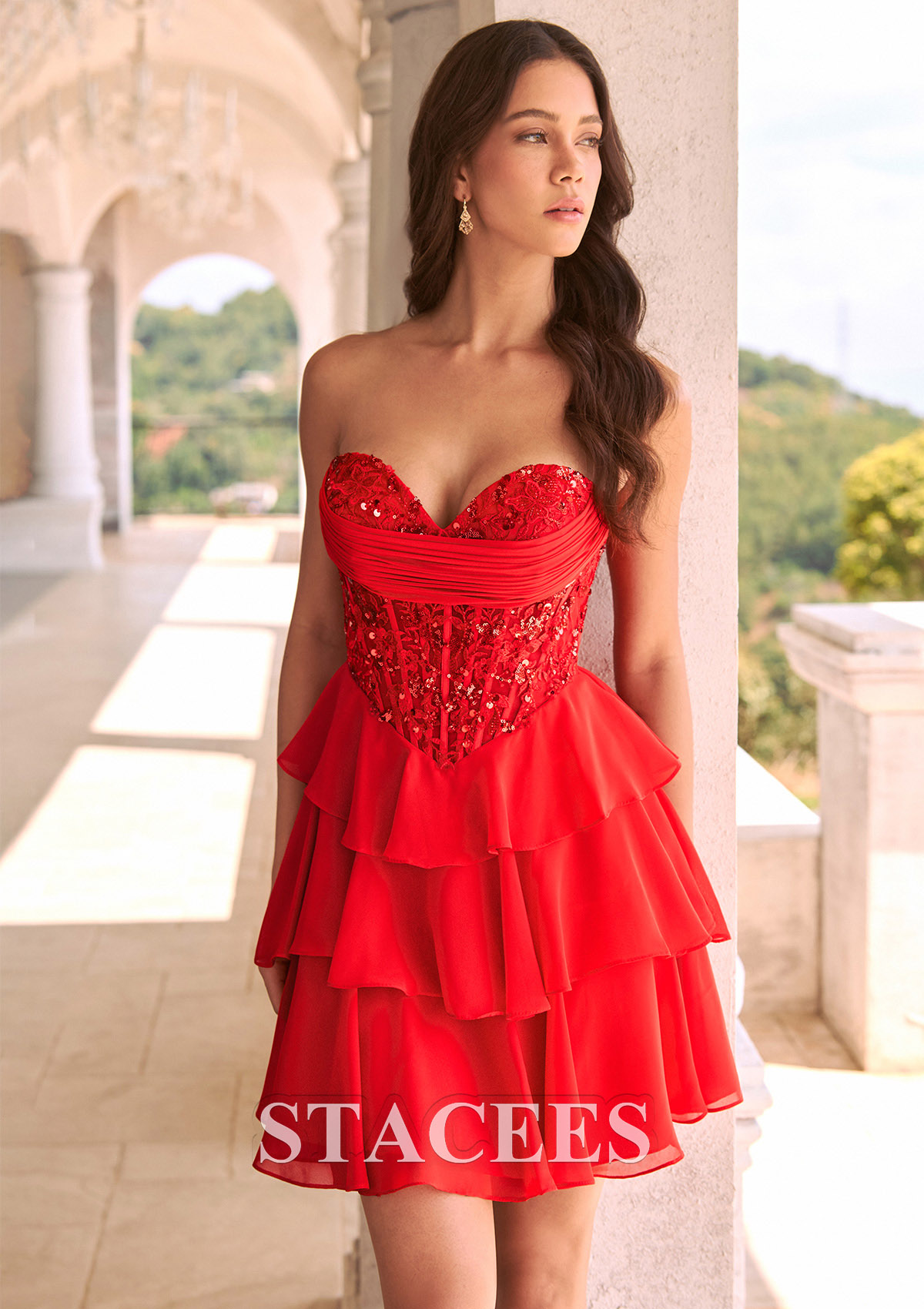 Red A-line Strapless Ruffle Chiffon Mini Homecoming Dress with Beaded Corset