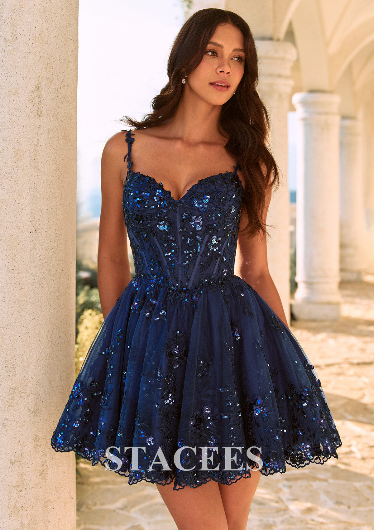 Dark Navy Sparkly Sequins A-line V Neck Corset Short Mini Homecoming Dress with Spaghetti Straps