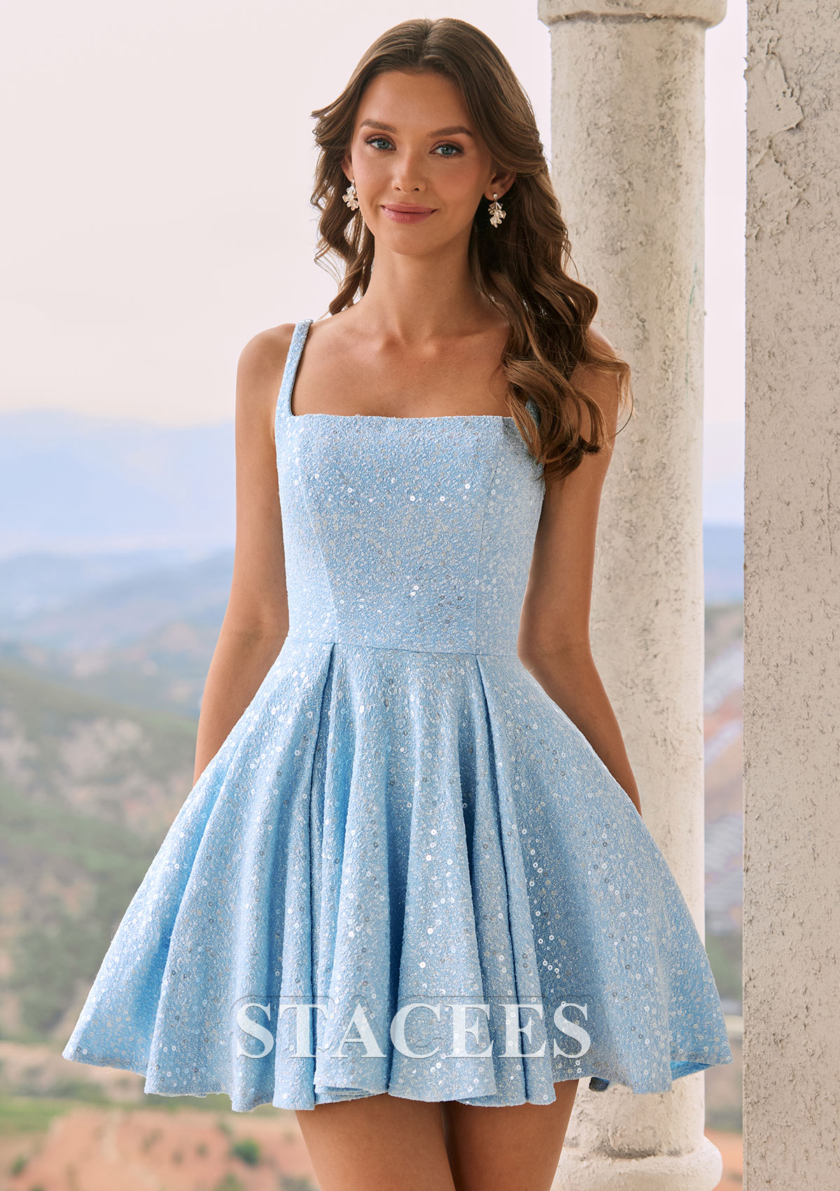 Azul Cielo Vestido línea a cuello cuadrado lentejuelas corto/mini vestido para homecoming