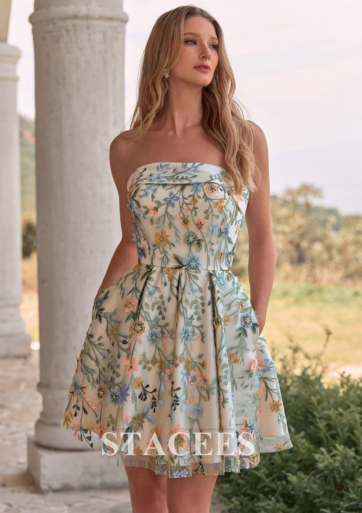 Champagne Floral Strapless Floral Embroidered A-Line Short Homecoming Dress with Pockets