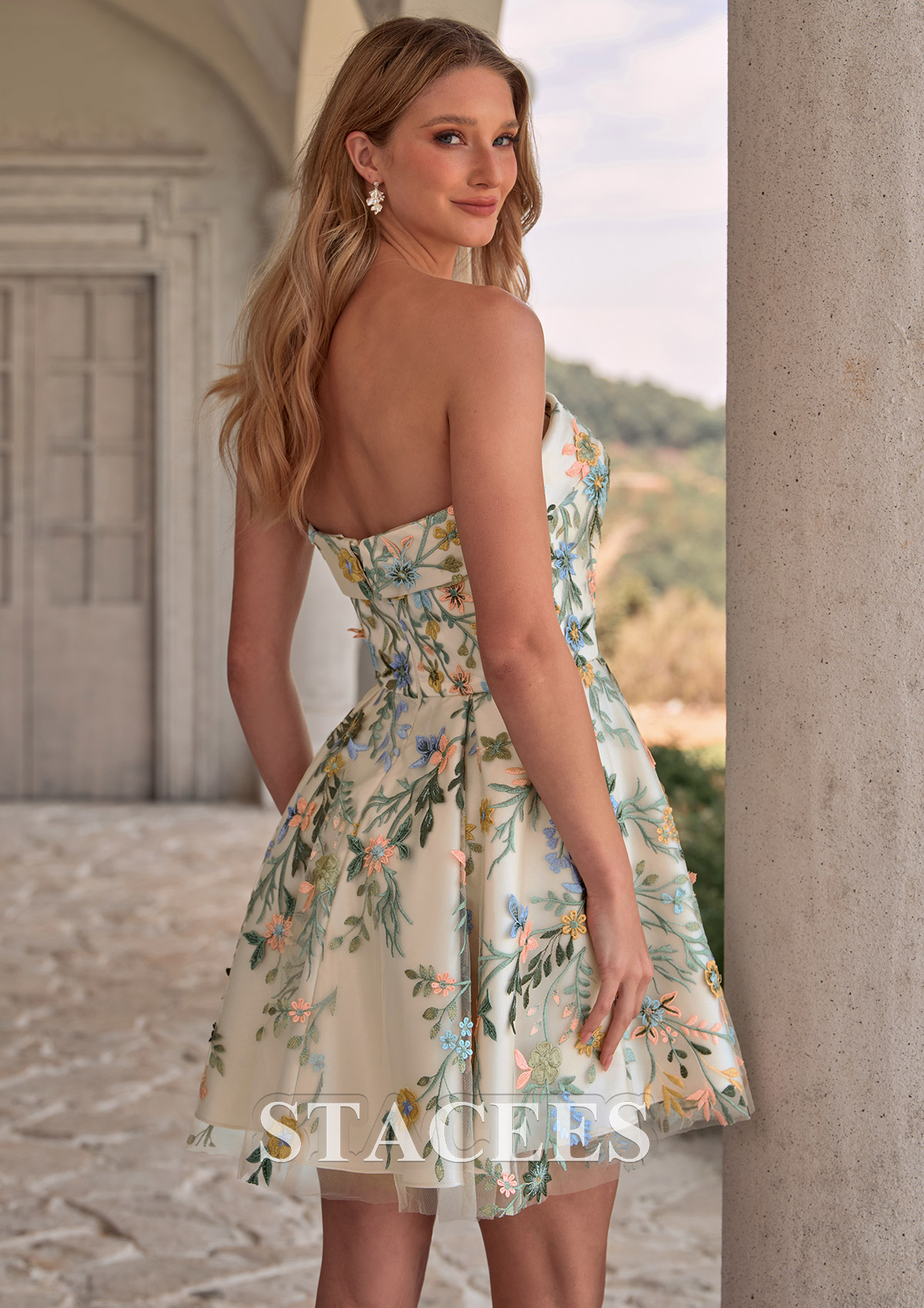 Champagne Floral Strapless Floral Embroidered A-Line Short Homecoming Dress with Pockets