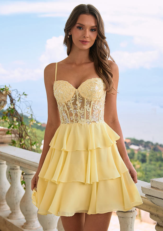 A-line Beaded Corset Layered Ruffle Chiffon Mini Homecoming Dress
