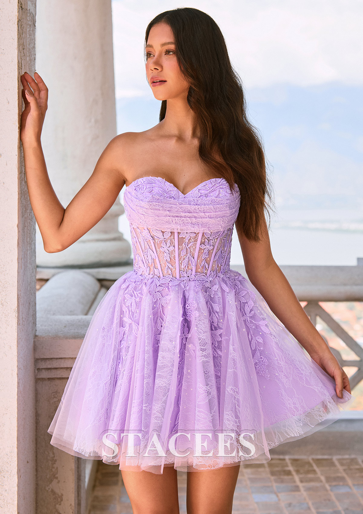 Lilac A-Lin Lace Short Homecoming Dress with Ruched Strapless Sweetheart Corset Bodice - STACEES