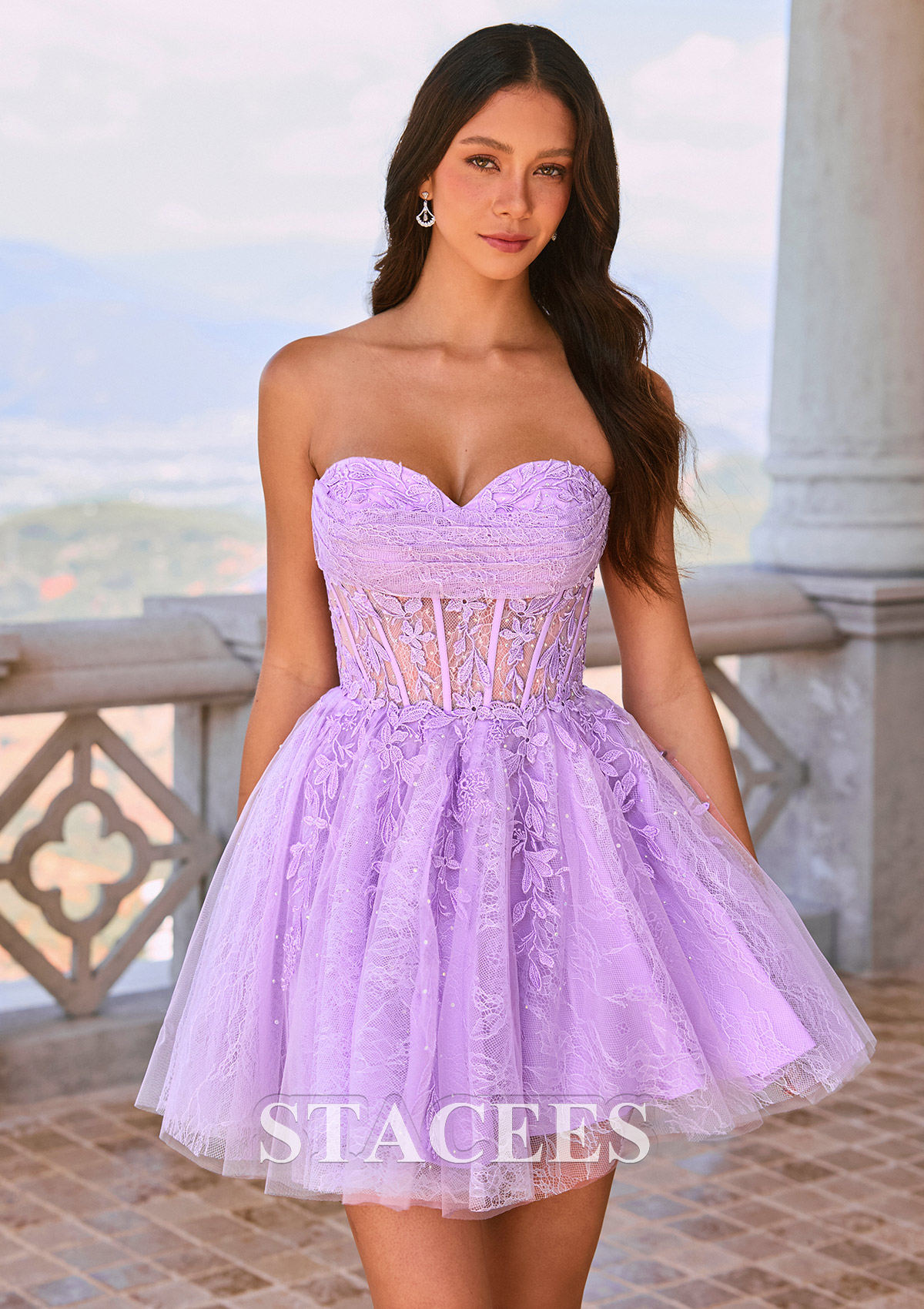 Lilac A-Lin Lace Short Homecoming Dress with Ruched Strapless Sweetheart Corset Bodice - STACEES