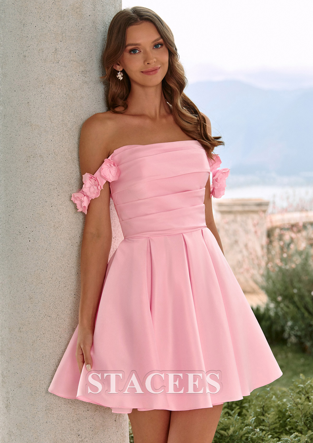 Candy Pink A-Line Satin Mini Homecoming Dress with 3D Flowers Off-Shoulder Straps Pockets - STACEES