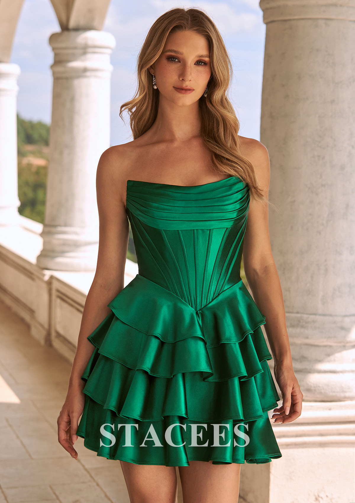 Dark Green A-line Ruched Strapless Corset Tiered Ruffle Mini Homecoming Dress - STACEES