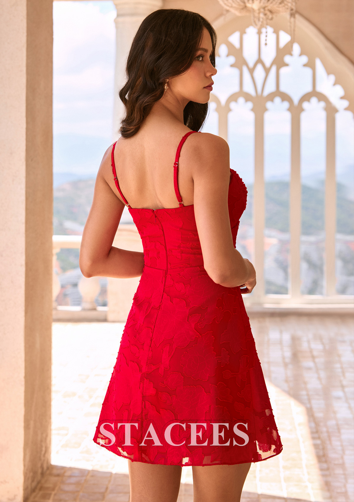 Rouge Trapèze col cœur jacquard courte/mini robe de fête de la rentré avec plissé - STACEES