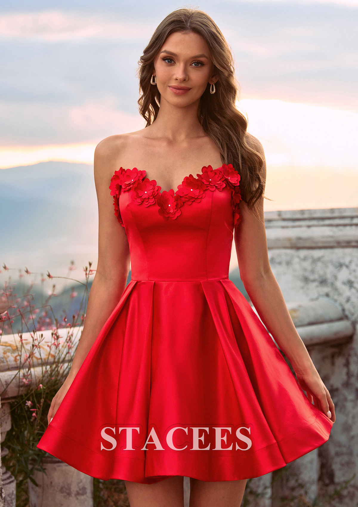 Red A-line Satin Mini Homecoming Dress with Flowers Strapless Sweetheart Neckline - STACEES