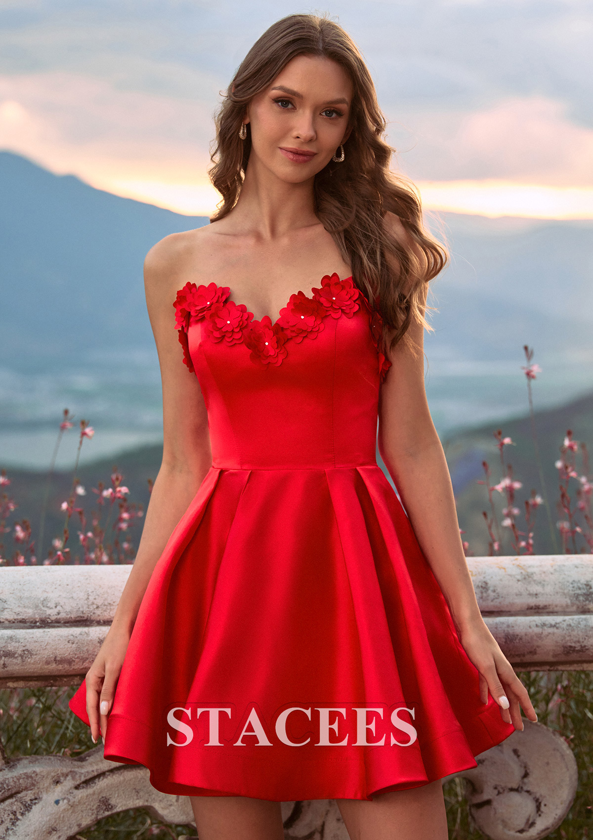 Red A-line Satin Mini Homecoming Dress with Flowers Strapless Sweetheart Neckline - STACEES