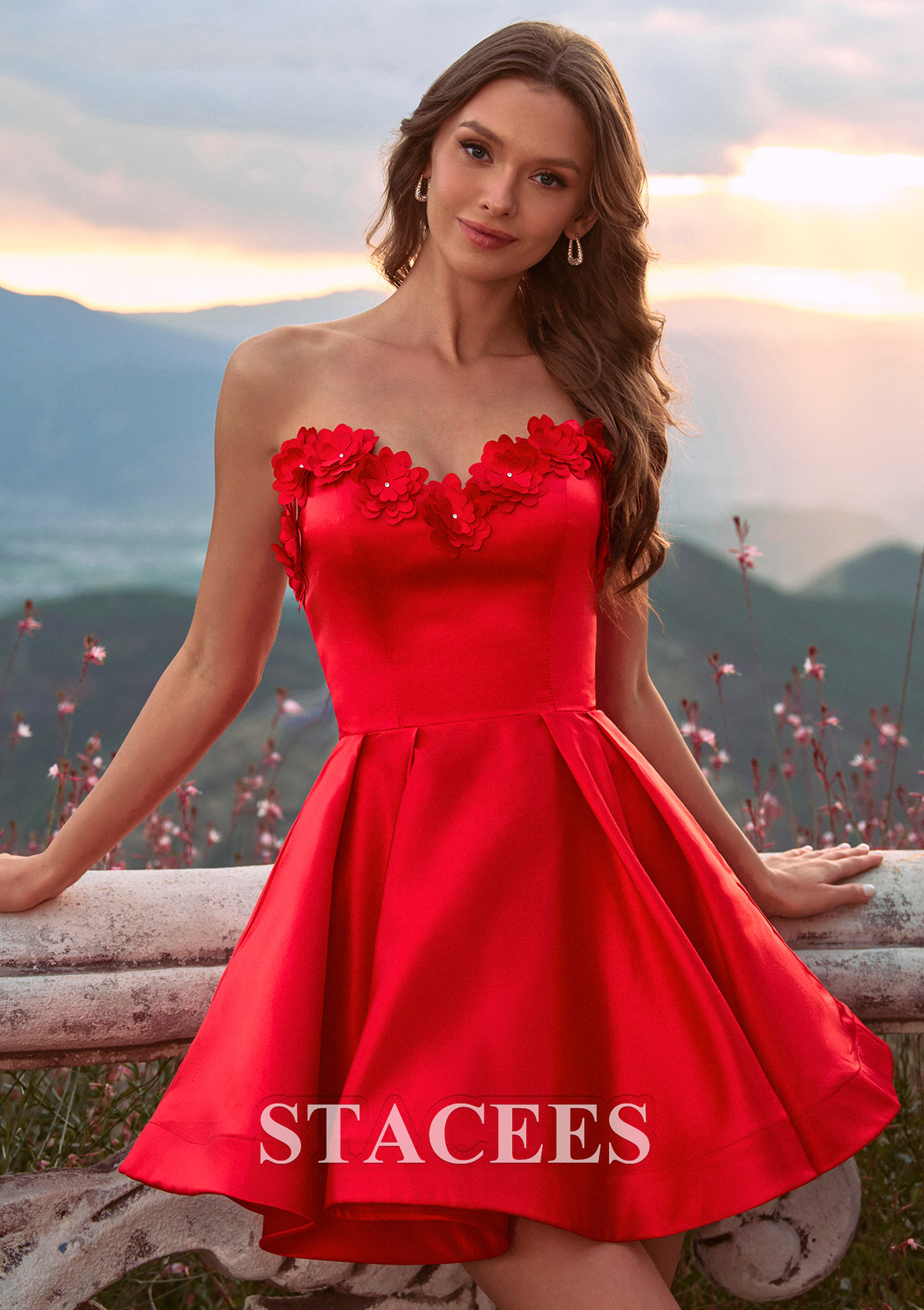 Red A-line Satin Mini Homecoming Dress with Flowers Strapless Sweetheart Neckline - STACEES