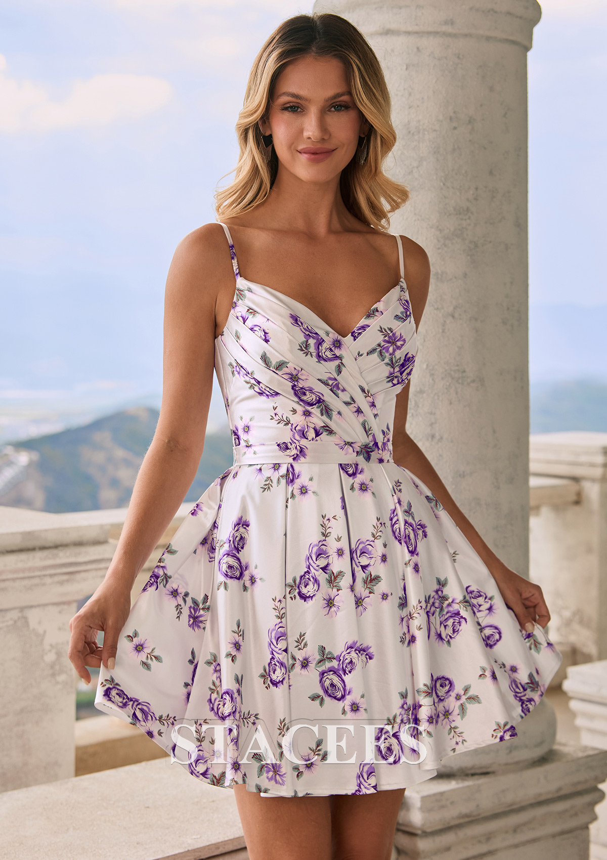 Lilac Floral A-Line Floral Printed Short Homecoming Dress with Corset Lace-Up Back - STACEES