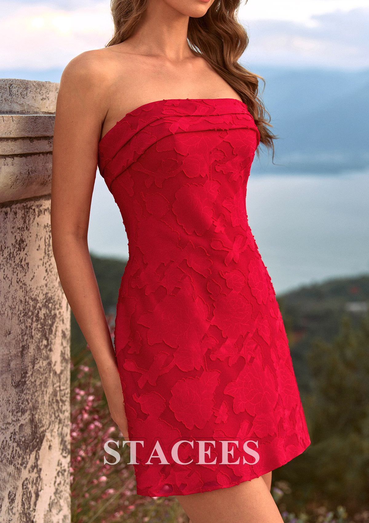Burgundy Fitted Strapless Floral Jacquard Mini Homecoming Dress withPleated Neckline - STACEES