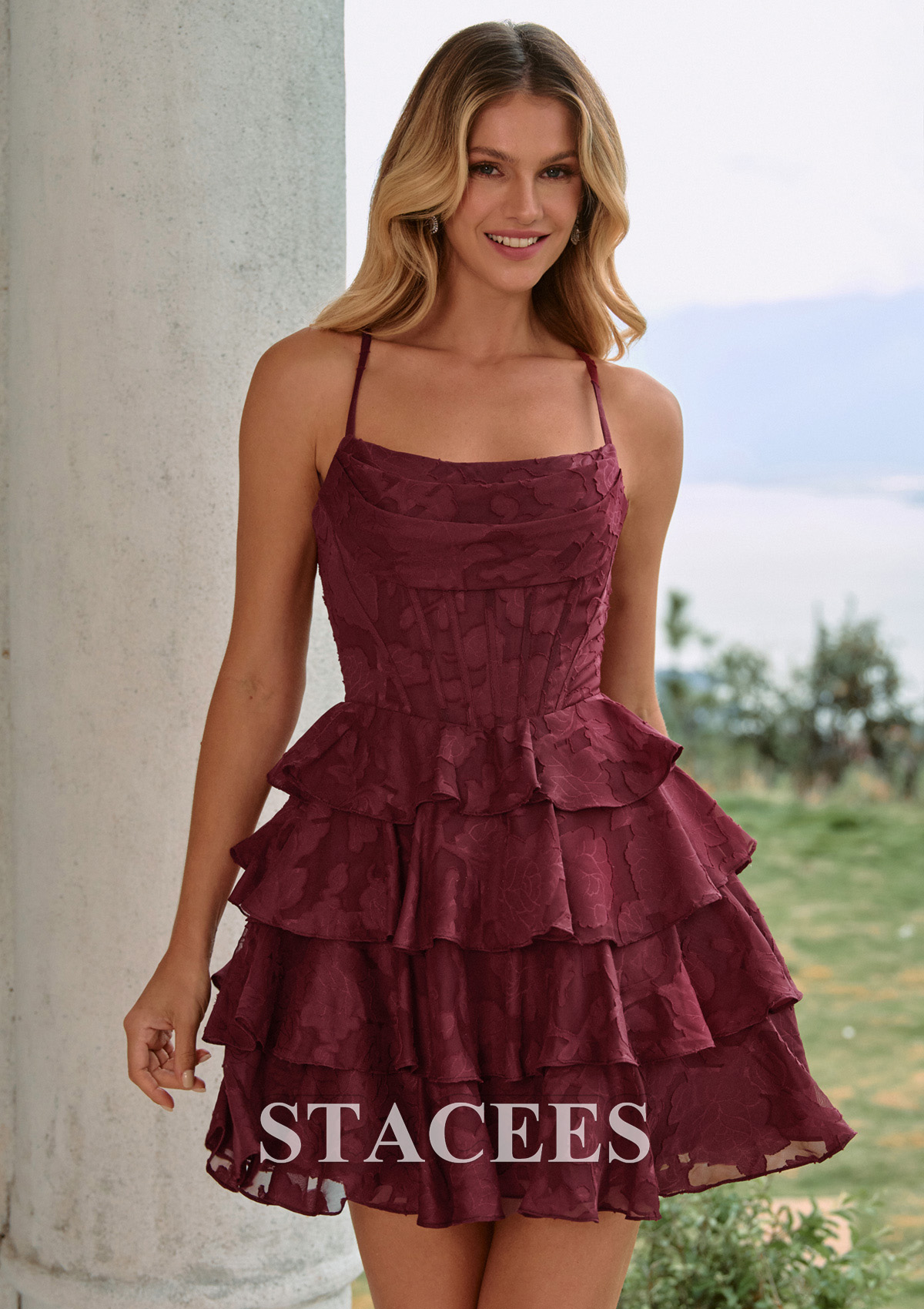 Burgundy A-line Cowl Neck Corset Jacquard Tiered Ruffle Mini Homecoming Dress - STACEES