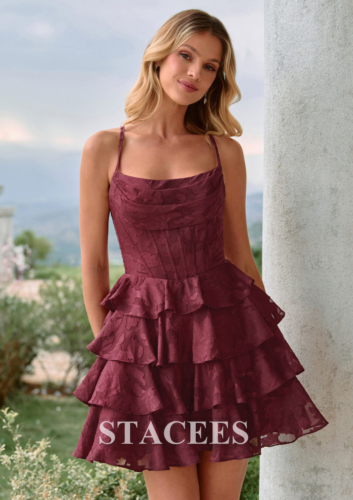 Burgundy A-line Cowl Neck Corset Jacquard Tiered Ruffle Mini Homecoming Dress - STACEES