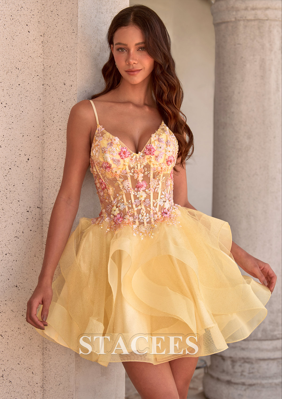 Yellow A-line Tiered Ruffle Homecoming Dress with Floral Applique Corset - STACEES