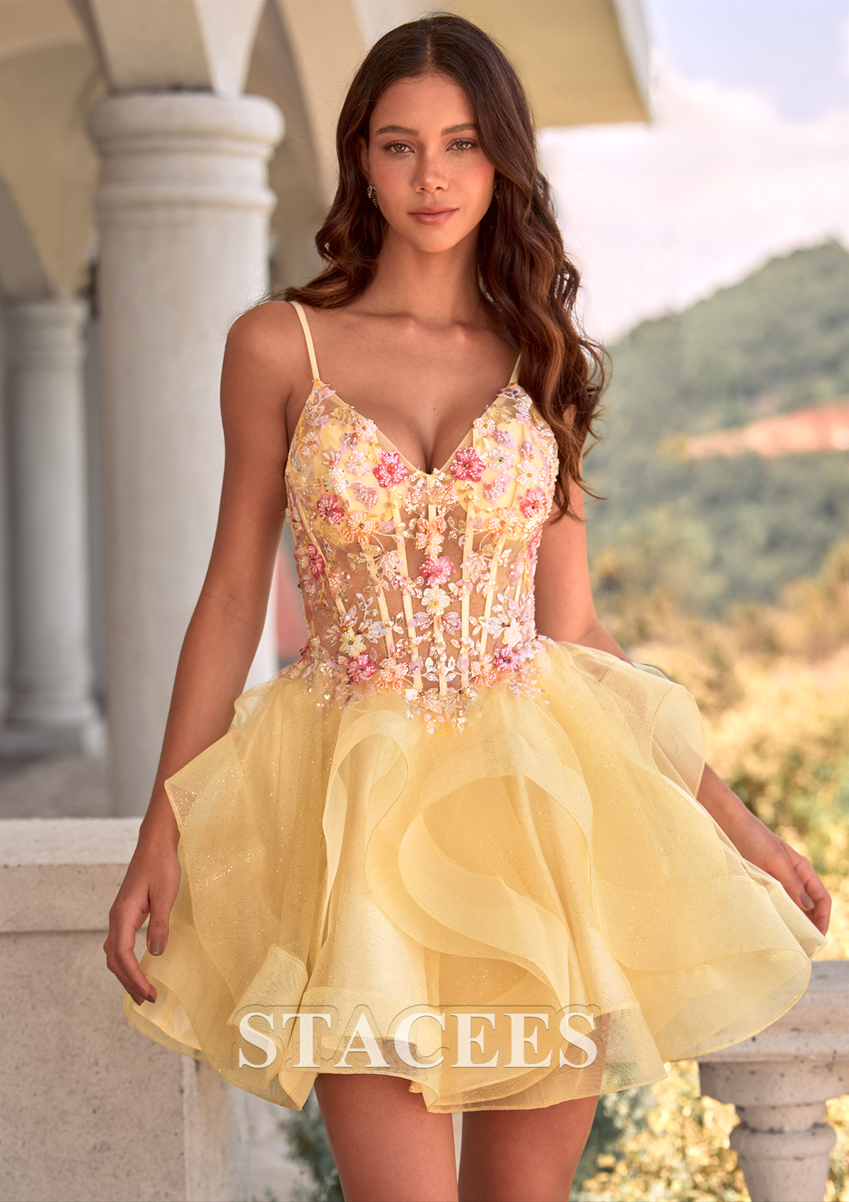 Yellow A-line Tiered Ruffle Homecoming Dress with Floral Applique Corset - STACEES