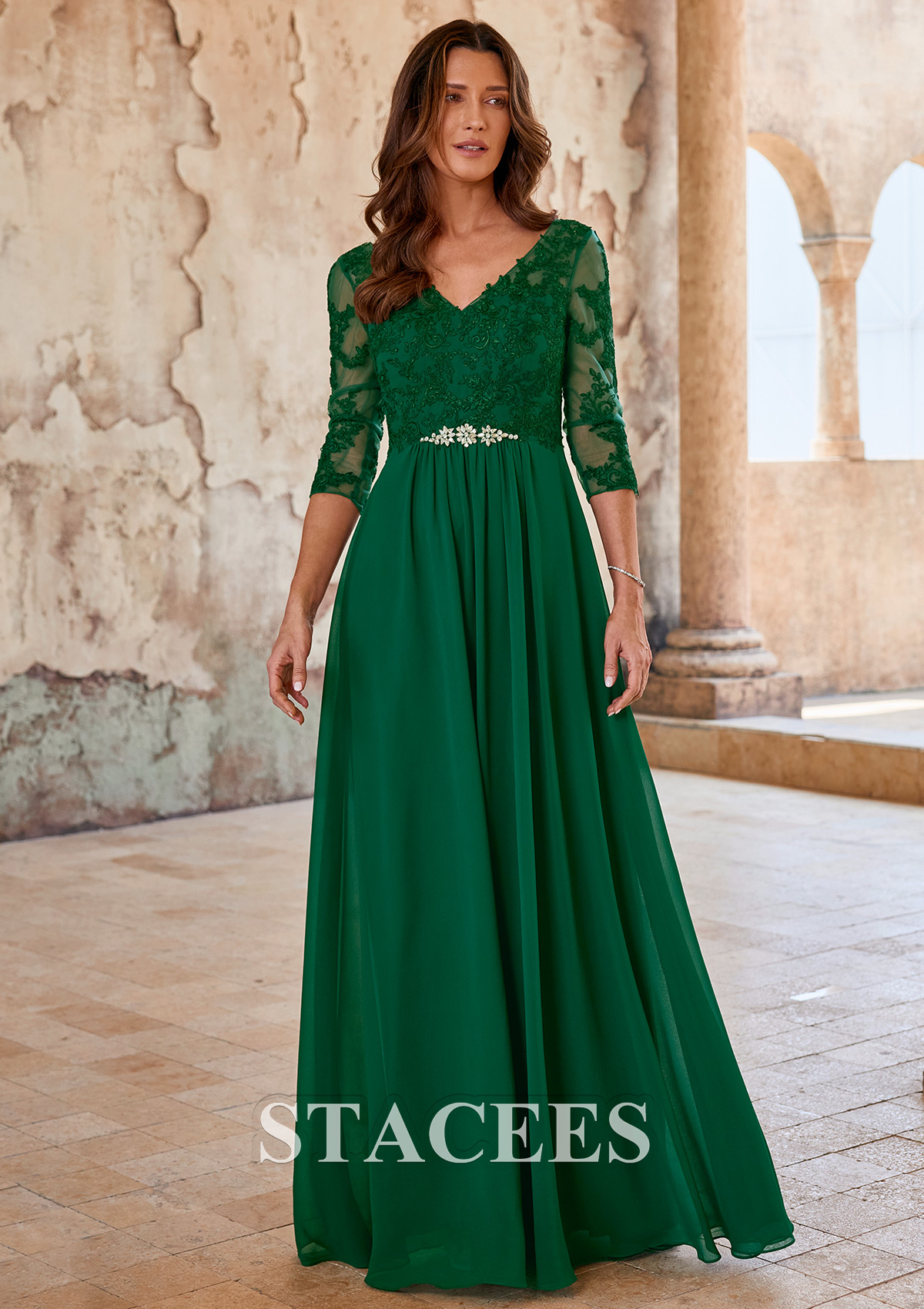 Dark Green A-line 3/4 Sleeve Mother of the Bride Dress with Lace Applique Beaded Waist - STACEES