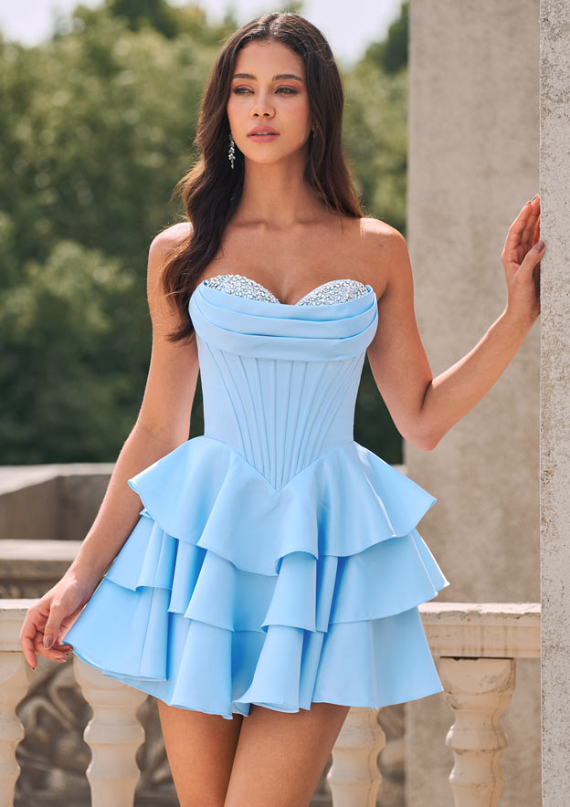 A-line Crystal Strapless Corset Satin Tiered Ruffle Homecoming Dress