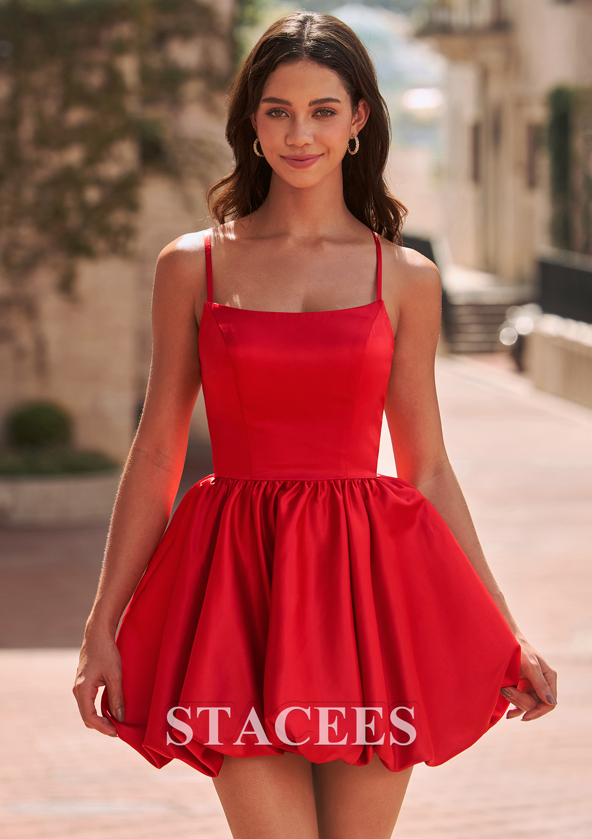 Red A-Line Satin Short Bubble Homecoming Dress with Crisscross Back - STACEES