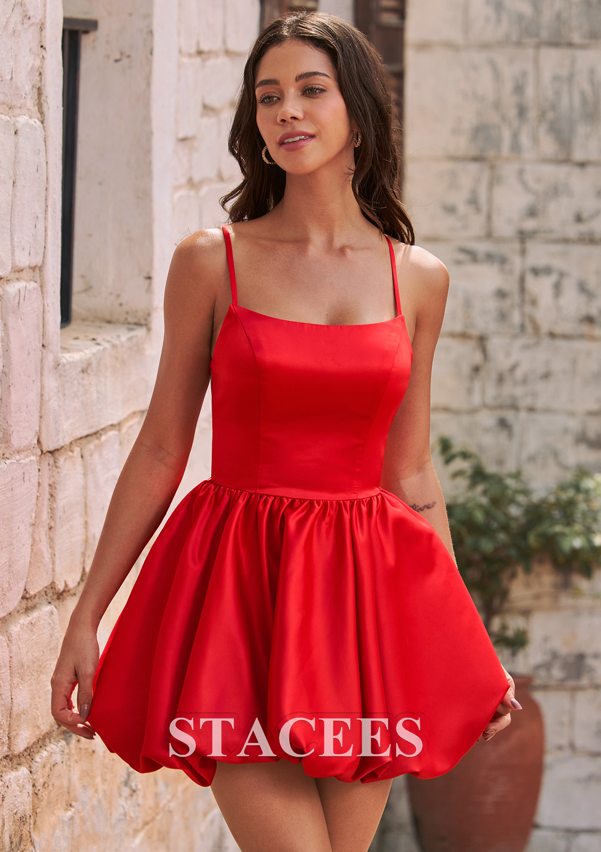 Red A-Line Satin Short Bubble Homecoming Dress with Crisscross Back - STACEES