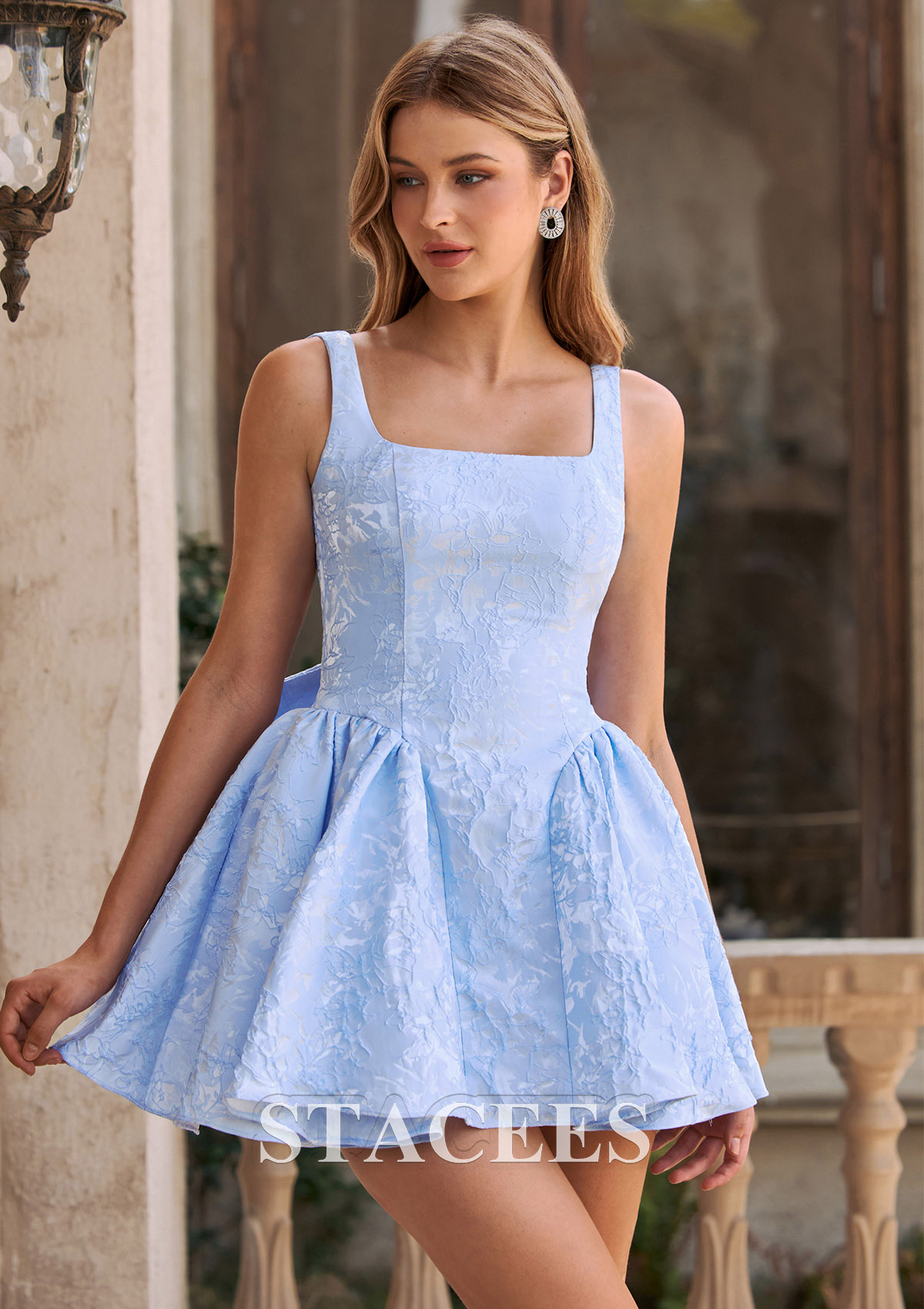 Sky Blue A-line Square Neckline Floral Jacquard Short Homecoming Dress with Bow - STACEES