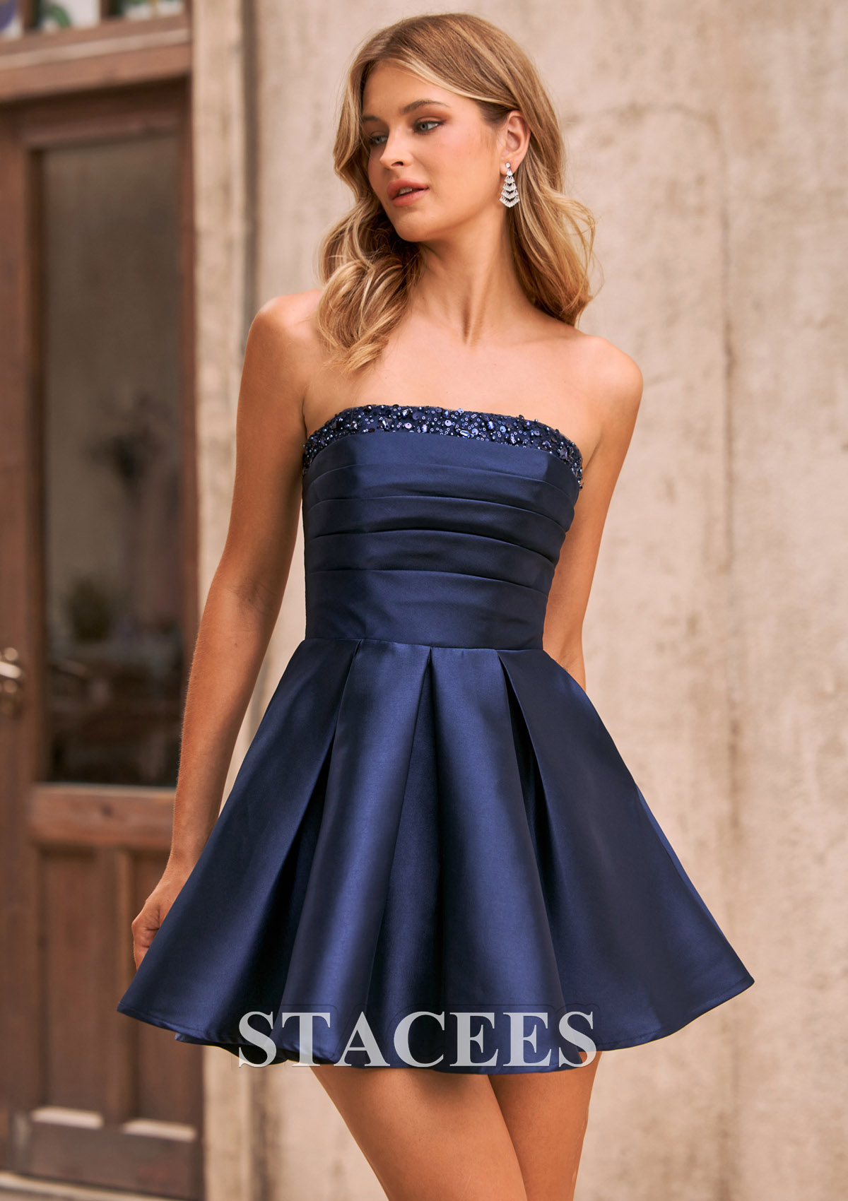Dark Navy Strapless Beaded Mikado A-Line Short Homecoming Dress - STACEES