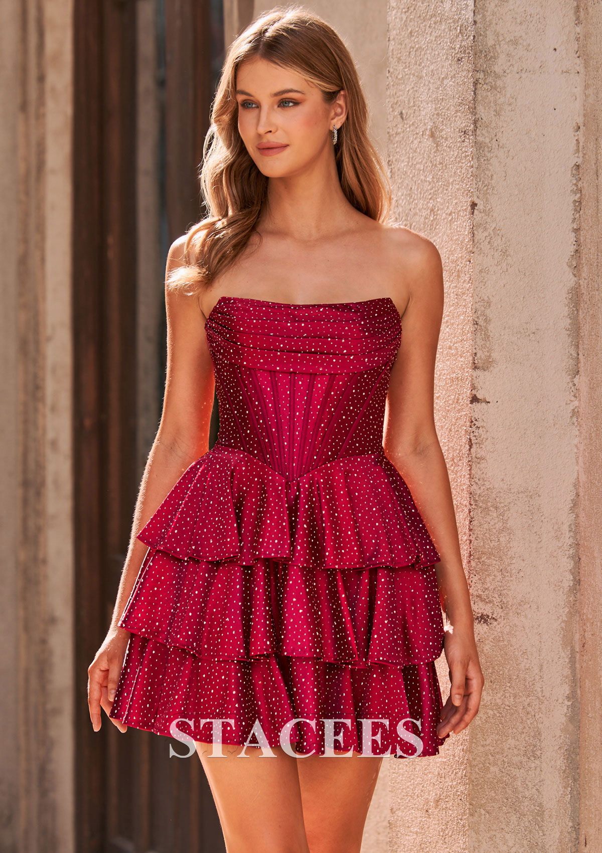 Burgundy A-line Sparkly Strapless Ruched Corset Ruffle Homecoming Dress - STACEES