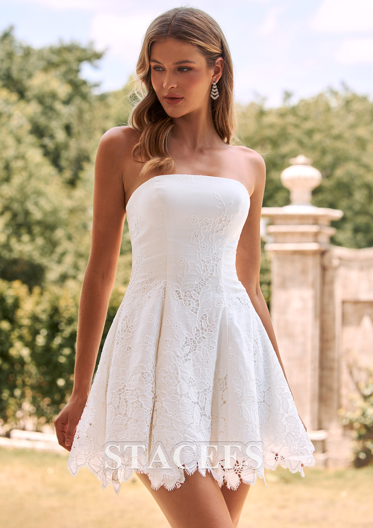 Ivory Strapless Floral Lace Short A-Line Graduation Dress - STACEES