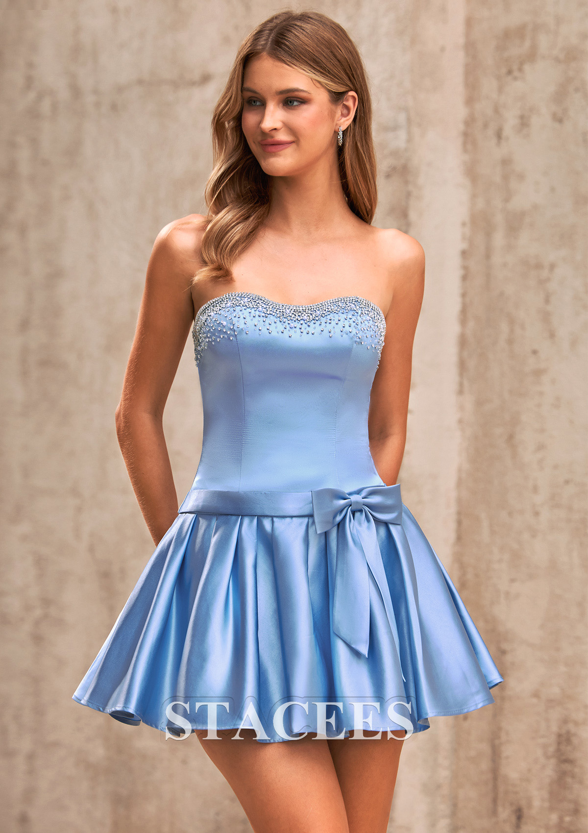 Dusty Blue Flared A-line Strapless Rhinestone Bow Short Satin Homecoming Dress - STACEES
