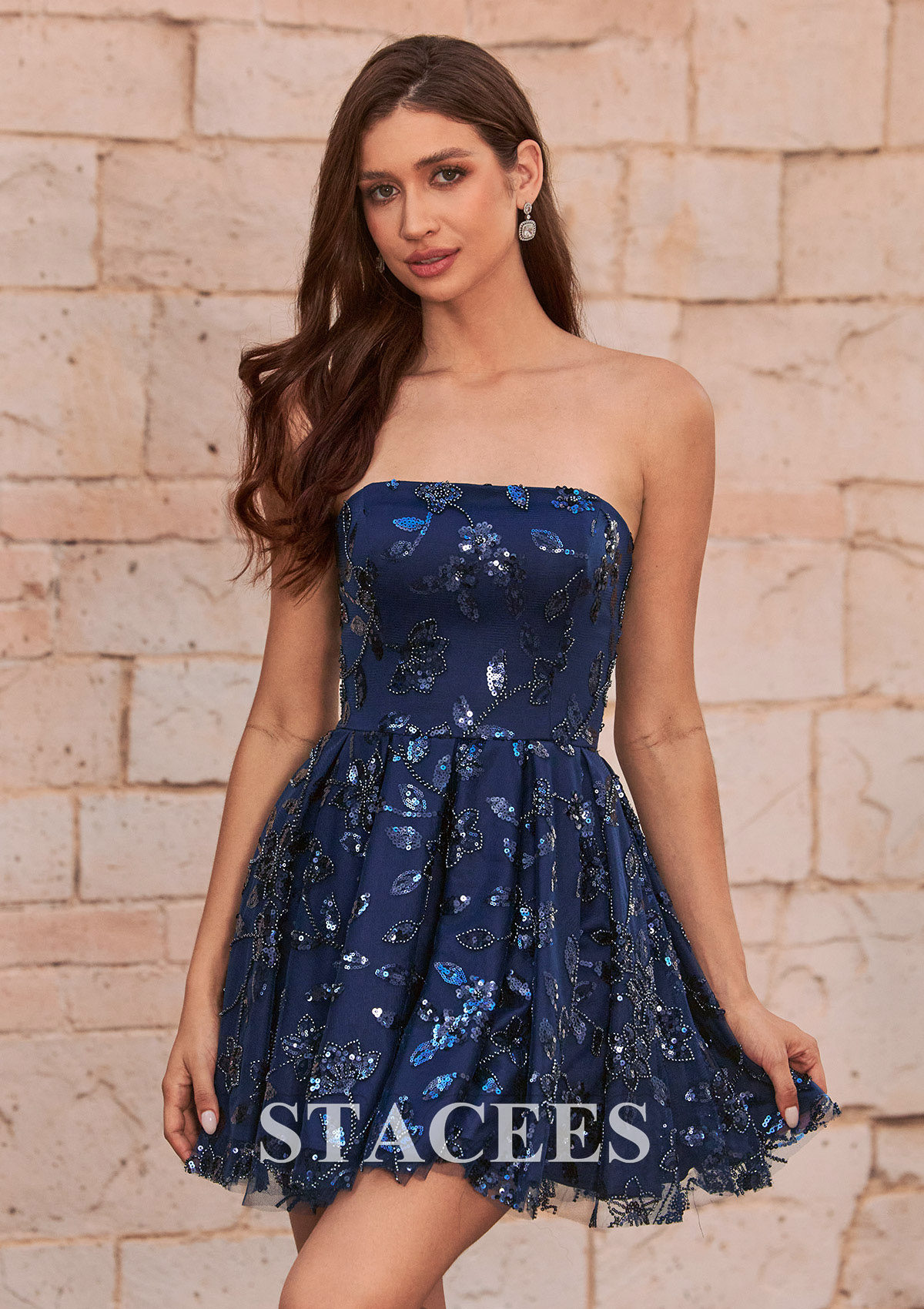 Dark Navy Floral Sequin Beaded Strapless A-Line Homecoming Dress - STACEES