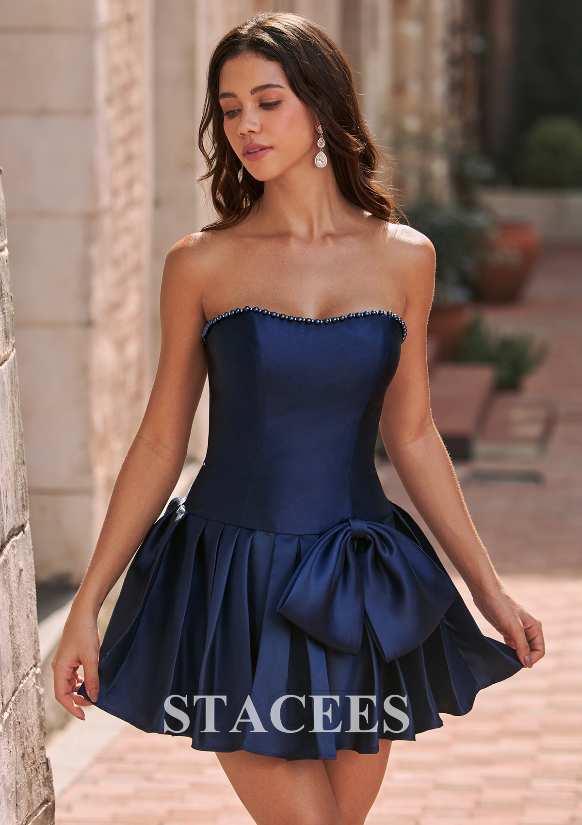 Dark Navy A-line Mikado Strapless Homecoming Dress with Beaded Sweetheart and Bow - STACEES