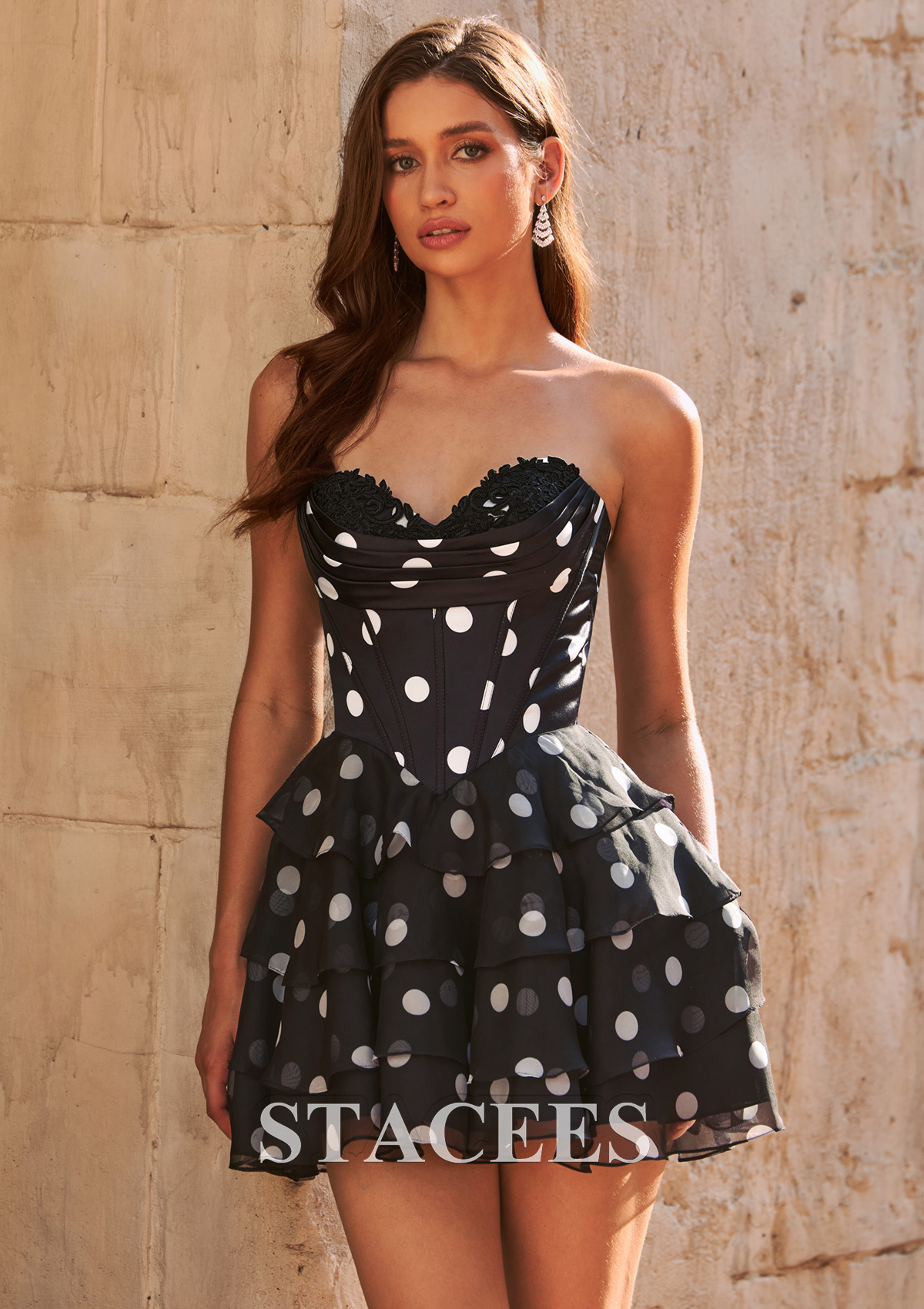 Black White A-line Black Polka Dot Ruffle Short Homecoming Dress with Strapless Corset - STACEES